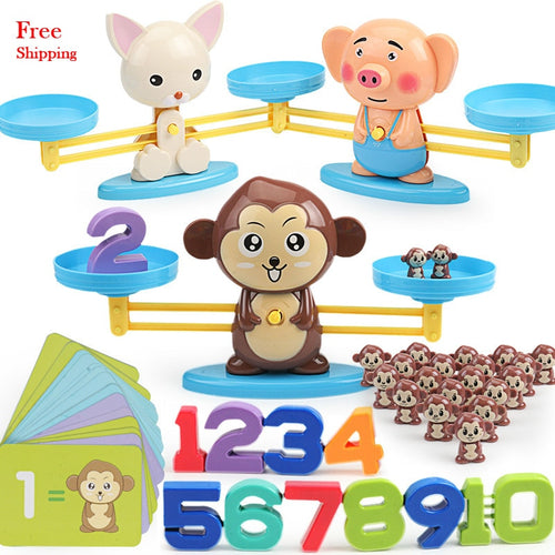 Montessori Math Balancing Scale Number Board Game Educational Toy Monkey Pig Dog Animal Figure Baby Preschool Math Toys